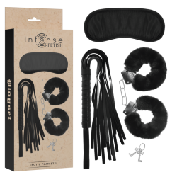INTENSE FETISH  - SET ERÓTICO 1 CON ESPOSAS, ANTIFAZ Y LÁTIGO DE CUERO VEGANO